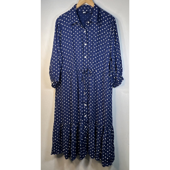 Lands' End women's navy Polka Dots Viscose Midi Dress large 14 16 drawstring - Picture 1 of 10